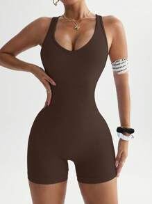 Slayform Mono deportivo ajustado sin mangas con estampado de letras y espalda cruzada para mujer - Café integral - Ver 4