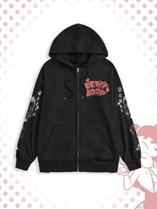 Betty Boop | ROMWE Sudadera con capucha con gráfico de figura de dibujos animados de talla grande - Negro - Ver 2