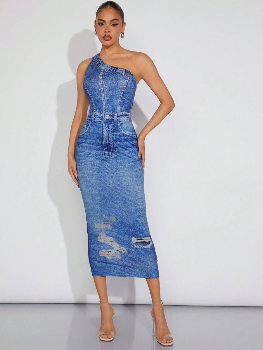 Denimoi One Shoulder Denim-Effect Print Bodycon Dress