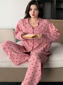 Dazy Plus Plus Size Heart Print Turndown Collar Loose Top & Pants Pajama Set, Home Wear, Fall Winter Clothes Valentine's Day - Watermelon Pink - View 8
