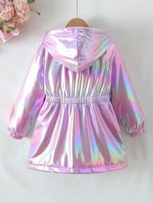 SHEIN 年轻女孩 1 件毛绒保暖经典街头风格连帽长袖外套年轻女孩蓬松外套 - 卡其色 - 查看 2