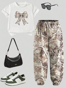 SHEIN 2件套休闲时尚蝴蝶结迷彩印花上衣和慢跑裤套装（女童） - 彩色 - 查看 2