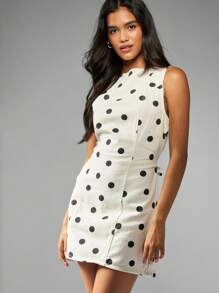 MISSGUIDED Sleeveless Polka Dot Denim Mini Dress With Tie Back Waist Detail Summer A-Line Casual Daytime Fashion Side Seam Pockets Retro Style - White - View 1