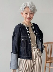 FRIFUL 休閒時尚百搭前扣式寬鬆女款牛仔夾克 - 藍色 - 查看 4