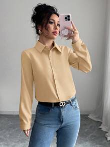Elenzga Camisa feminina casual/de trabalho, de cor sólida, manga comprida, abotoamento simples - Caqui - Ver 4