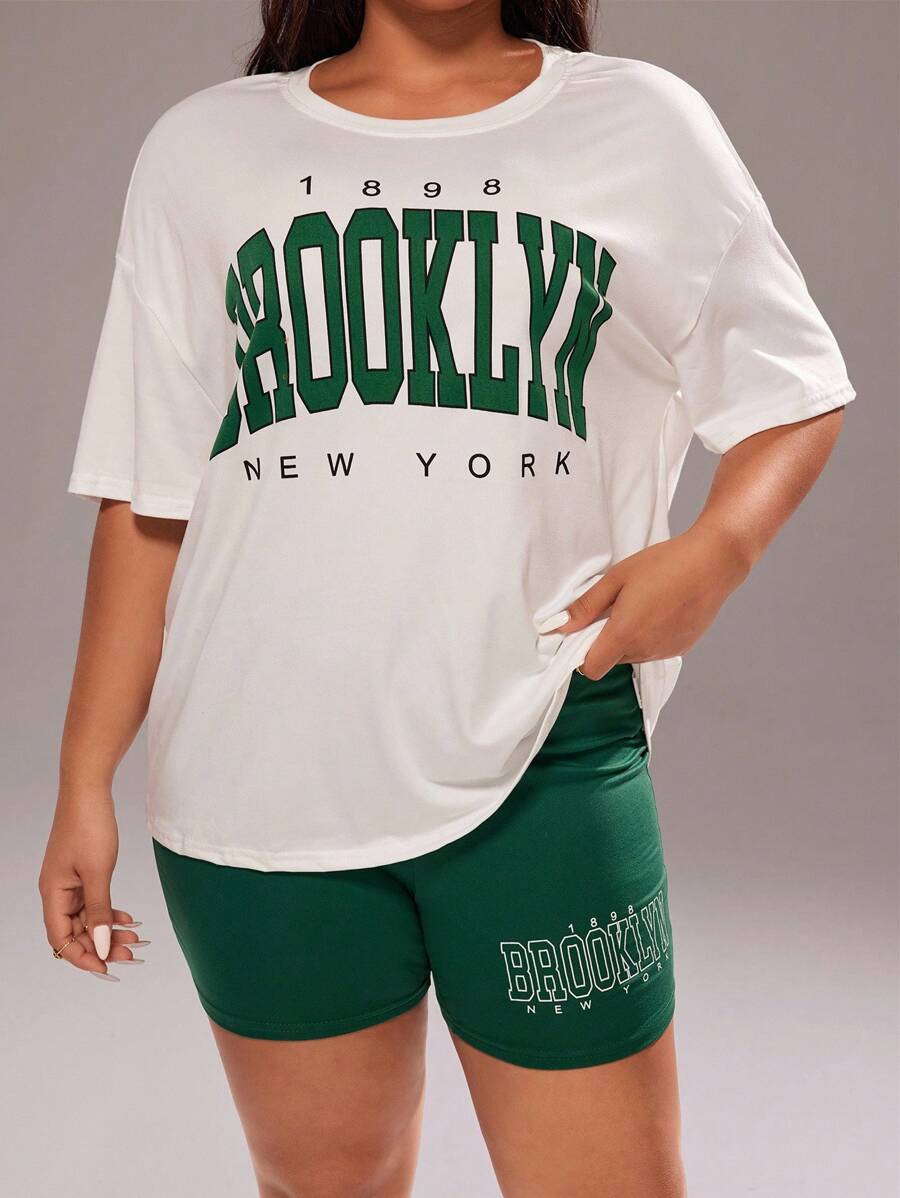 Rustia Plus Letter Graphic Drop Shoulder Tee & Biker Shorts CASUAL - White - View 1