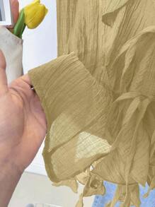 INAWLY French V-Neck Pleated Ruffle Tie Blouse Fall Cloth For Women - Khaki - View 8