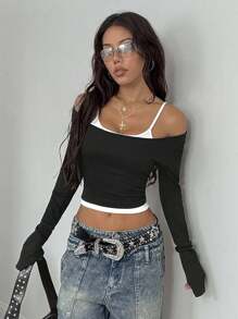 Coolane Women's Fall Y2K Concert Rave Going Out Black Slim Fit 2 In 1 Long Sleeve Top - Black - View 4