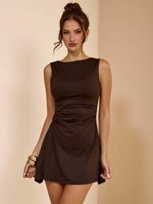 SHEIN BAE Solid Brown Sleeveless Simple Ruched Bodycon Mini Elegant Dress, Suitable For Going Out, Elegant Dress, Spring/Summer - Brown - View 4