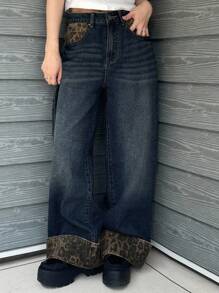 FRIFUL 女式豹纹口袋和下摆拼接直筒休闲修身牛仔裤 - 藍色 - 查看 3