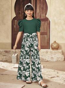 SHEIN 2pcs Tween Girl Crew Neck Puff Sleeve Cropped Top & Wide Leg Pants Set - Dark Green - View 9