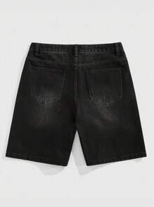 ROMWE MEN Street Life 男士夏季时尚街头风格水钻装饰斜口袋牛仔短裤 - 黑色 - 查看 5