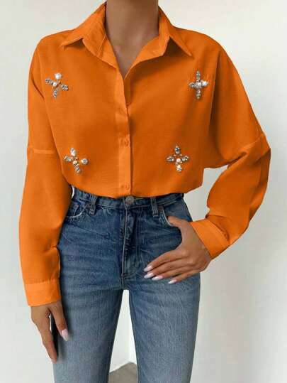 EURMUSE Kvinnors Pärlor Detalj Lång Ärm Skjorta