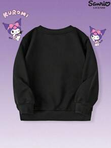 HELLO KITTY AND FRIENDS | SHEIN Young Girl Casual Cartoon Puzzle Print Black Pullover Sweatshirt, Versatile For Spring & Autumn Fall Winter - Black - View 2