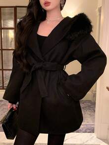 DAZY Women's Elegant Collar Belt Overcoat, Autumn/Winter Jacket - Black - View 10