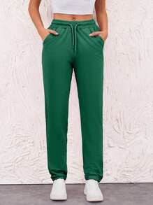SHEIN Pantalones jogger de mujer de algodón con cordón y bolsillos