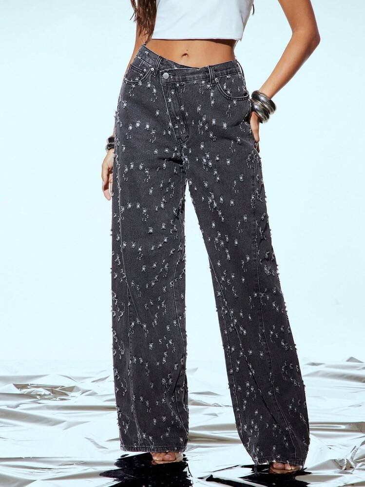 Denimoi Asymmetrical Waist Distressed Wide Leg Denim Jeans, Paneled Wide Leg Jeans, Distressed Jeans, Fashionable, Streetwear, Street Style - Black - View 2