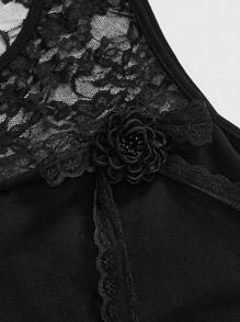 ROMWE Goth Y2K Lace Patchwork 2 In 1 Chain Decor 3D Flower Ruched Bodycon Tank Top For Women