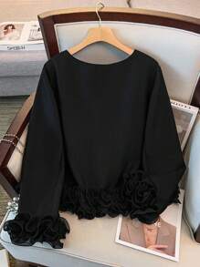 GlowEve CURVE 大码女式荷叶边袖口设计圆领长袖夹克，时尚百搭，适合秋冬休闲通勤 - 黑色 - 查看 2