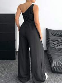 POPSWAY Vintage Slim Fit Casual Waist Cinched Solid Color Jumpsuit - Black - View 2