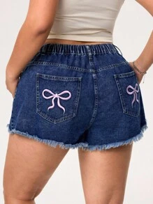 SHEIN EZwear 大码女式口袋蝴蝶结刺绣水洗无弹力牛仔短裤 - 深色水洗藍 - 查看 6