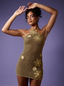 MISSGUIDED 手工钩针沙滩迷你连衣裙罩衫单肩花卉贴花夏季沙滩装度假泳池泳衣罩衫 - 棕色 - 查看 6