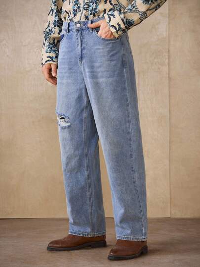 RivetRise 男士浅色做旧宽松阔腿牛仔裤，适合所有季节的休闲装