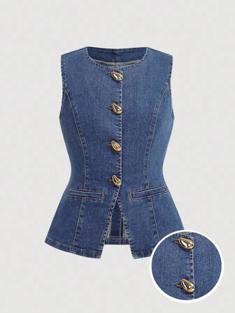 Girlism Casual mouwloze denim top met knoopjes aan de voorkant voor tienermeisjes voor de zomer