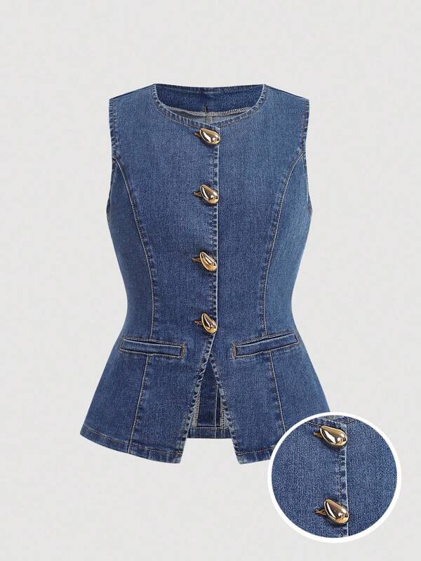 Girlism Teen Girls' Casual Sleeveless Front Button Denim Top For Summer