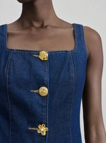 Ontre 2025 秋冬女装，秋冬女装时尚，返校季，万圣节，圣诞节，商务休闲，复古端庄优雅百搭基础款，纳什维尔服饰，方领单排扣无袖牛仔连衣裙 - 深色水洗藍 - 查看 5