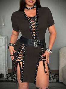 Whyspr Plus Size Sexy Criss-Cross Strap Split Bodycon Dress, Summer - Mocha Brown - View 7