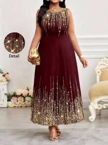 SHEIN Lady 2025 New Spring And Summer Burgundy Formal Dress For Women Legant Party Wedding Cocktail Part Concert/Music Festival Concert/Music Festival Knitted Round Neck Scoop Neck Flared Long Sleeveless Plus Size Dresses Burgundy Dress Wedding Guest Dress For Women Party Dress Elegant Party Dress Halloween Costumes - Burgundy - View 8