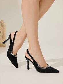 CUCCOO CHICEST 女士尖头水钻装饰细高跟鞋，优雅奢华浪漫性感哥特式黑色绒面革一脚蹬高跟鞋，正式礼服，婚礼宾客，下午茶，约会之夜，派对，适合婚礼、庆典、万圣节、圣诞节、感恩节、生日 - 黑色 - 查看 3