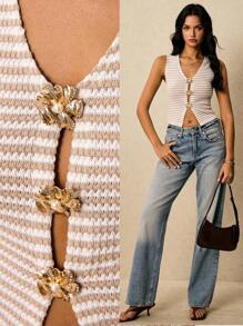Poéselle Women's Casual/Holiday Two-Tone Striped V-Neck Metal Floral Decor Fitted Top,Vacation,Cute Top,Old Money Style,Business Casual,Elegant,Classy,Fall - Apricot - View 2