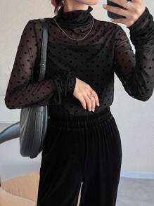 FRIFUL Women's Thin Transparent Turtleneck Polka Dot Flocked Fitted Solid Color Casual Autumn Wear Top Long Sleeve Women Tops,Fall Women Clothes