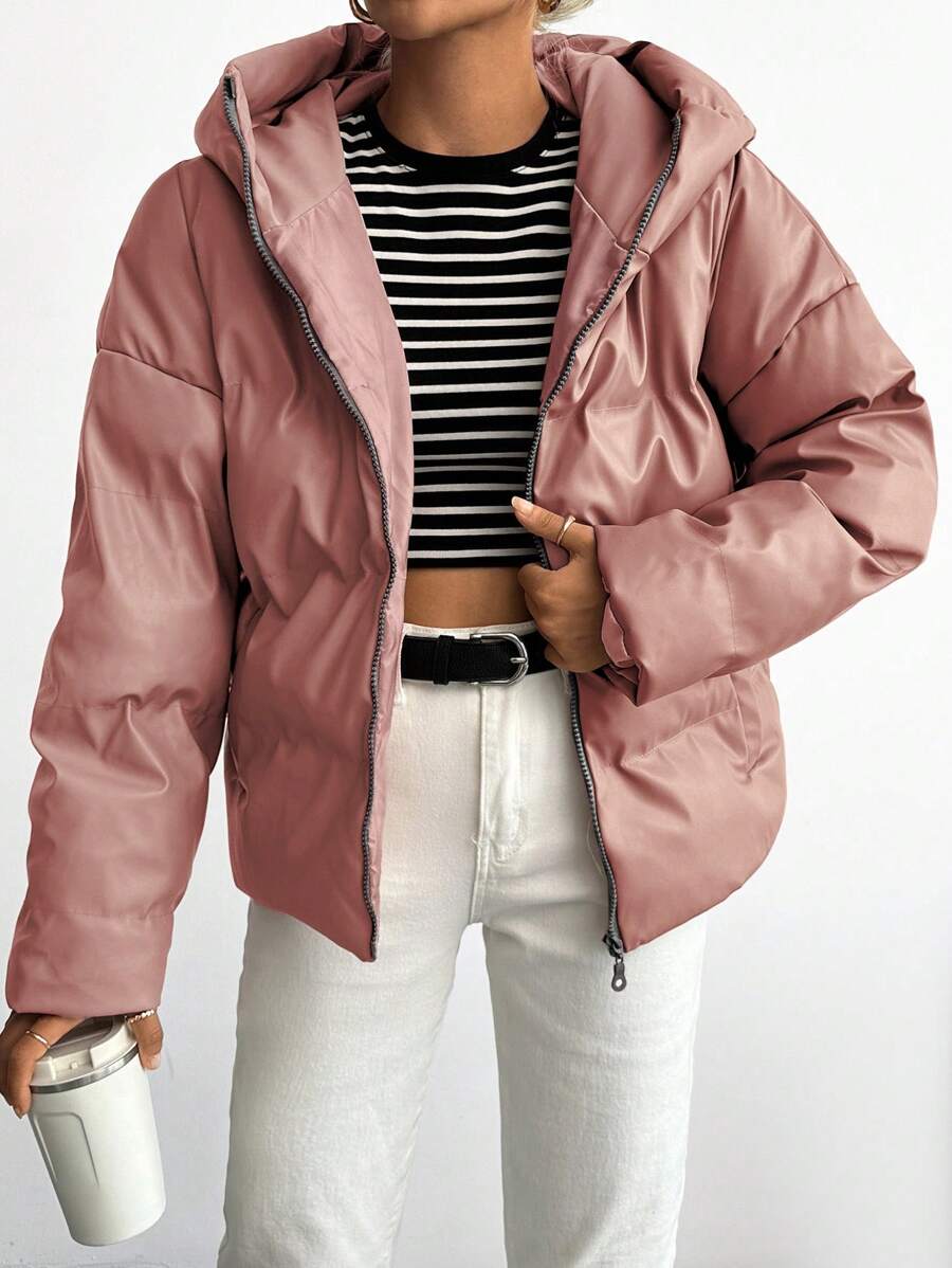 EURMUSE Solid Color Hooded Women'S Padded Jacket - Dusty Pink - View 1