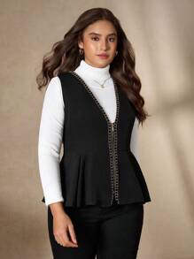 Chikora 大码优雅通勤拼布缎带拉链背心 - 黑色 - 查看 5