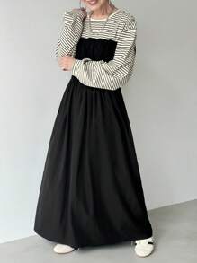FRIFUL Women's Round Neck Splicing Striped Camisole 2 In 1 Long Dress, Autumn Long Sleeve Dress Striped Dress Winter Dress Korean Dress Black Dress - Black - View 3