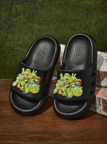 TEENAGE MUTANT NINJA TURTLES | SHEIN 可爱卡通男童拖鞋，儿童速干浴室拖鞋，轻便耐用的EVA材质，适合居家、浴室、游乐场、游泳池、海滩等室内外场所穿着。 - 黑色 - 查看 8