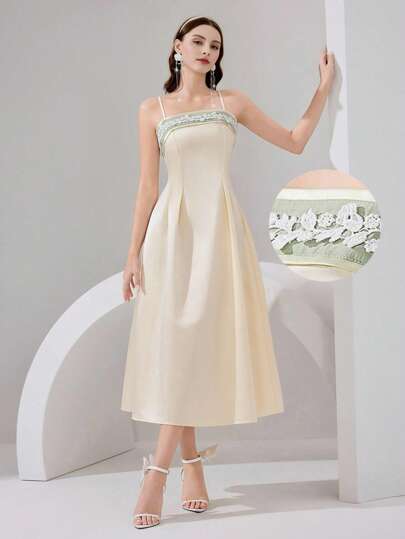 Poshira Vestido formal de fiesta elegante de mujer con tirantes finos y decoración de cinta