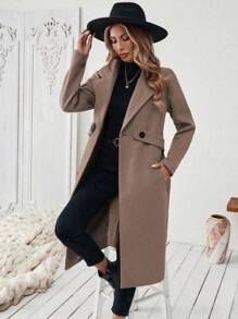 Vionelle 大码女式经典休闲简约大翻领收腰纽扣装饰口袋中长外套，秋冬女装