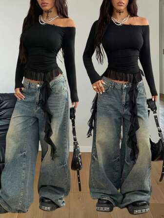 Coolane 女款秋季演唱会街头风 Y2K 度假风 Gyaru 休闲弹力不对称领口网眼拼布荷叶边下摆 T 恤