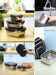 加深型不锈钢午餐盒，长方形，密封，适用于冰箱储存，可用于包装水果、蔬菜和便当盒 - 黑色 - 查看 4