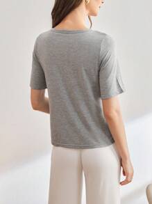 BloomMama Maternity Solid Color Round Neck Short Sleeve Dual Pocket Casual Top - Grey - View 2
