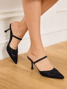 CUCCOO HITCHD Giày cao gót đính cườm lưới sequin đen gợi cảm thanh lịch - màu đen - Xem 6