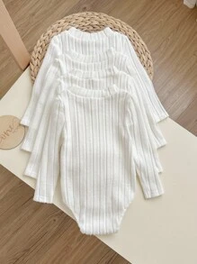 4pcs/Set Basic White Autumn Baby Girl Knitted Long Sleeve Bodysuit,Casual Ribbed Solid Color Sweater Bodysuit,Fall - White - View 2