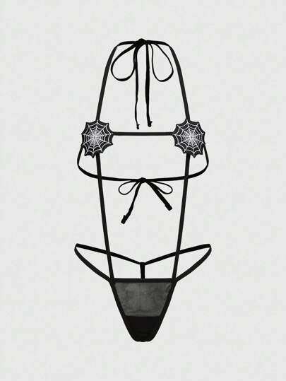 Grunge Punk Dark Punk 3D Spider Web Halter Crotchless Bodysuit, Sexy, Halloween