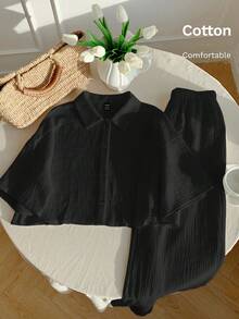 Comfortcana 女式黑色亚麻棉质休闲衬衫和裤子套装 - 黑色 - 查看 3