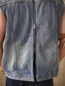 RivetRise Gilet di jeans casual con chiusura lampo, stile di strada, blu retrò, da uomo