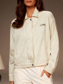 Athîral Women's Letter & Car Graphic Long Sleeve Casual Cropped Denim Coat, Fall Women , Winter Coat Women, Back To School, Club - White - View 4